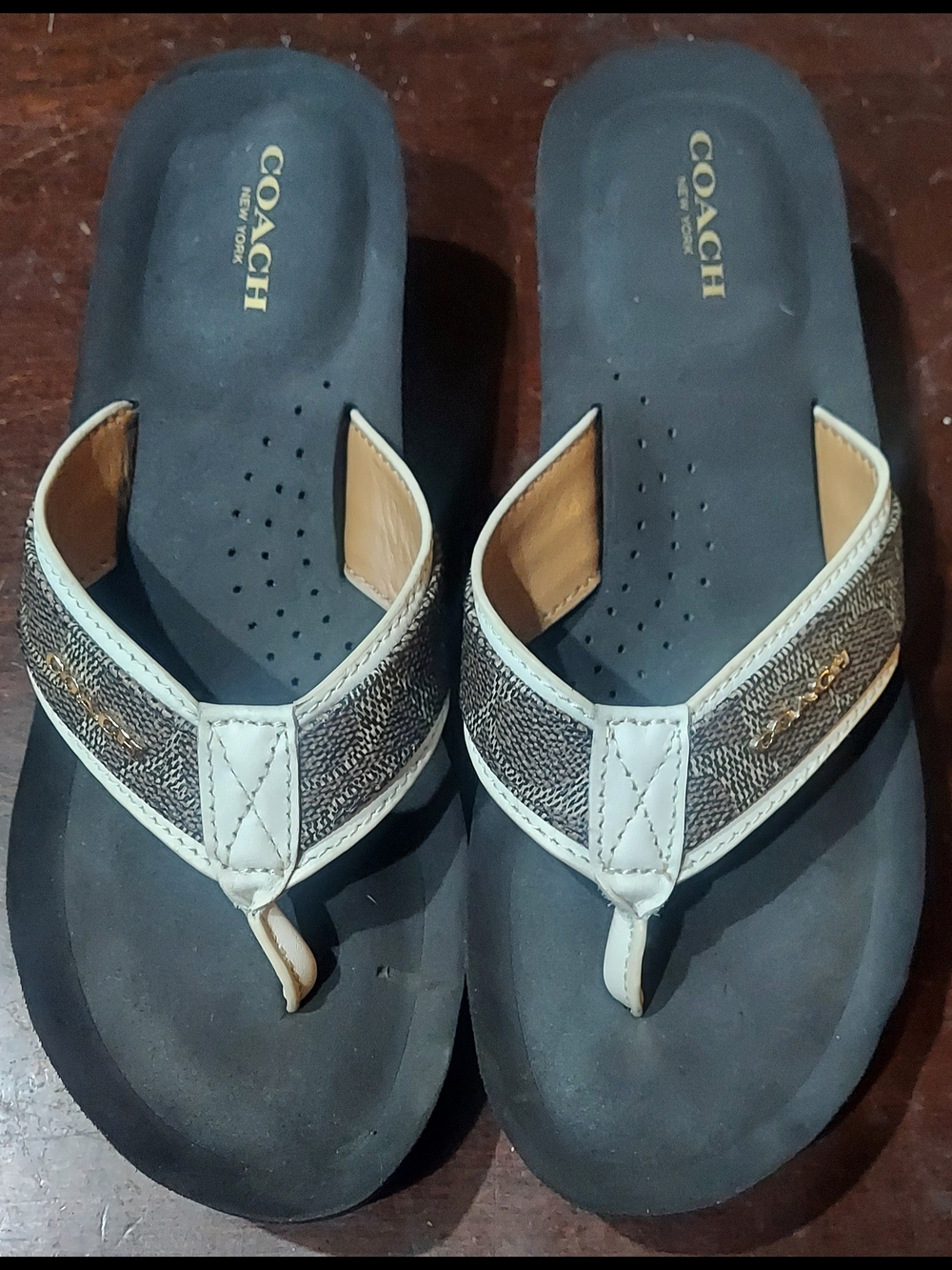 COACH Women's Ivory and Dark Brown Signature Thong Sandals